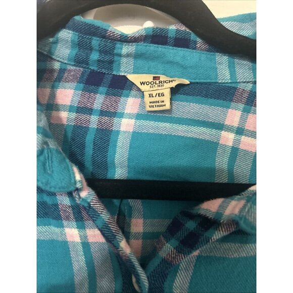 Woolrich Shirt Women XL Long Sleeve Button Up Plaid Flannel Blue Teal Pockets - Picture 2 of 4